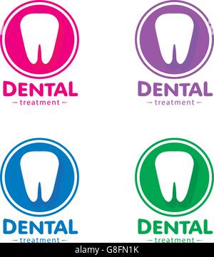 Isolated white tooth vector logo set. Round shape. Tooth hygiene logotype collection on the white background. Dental implants icons group. Caries treatment sign. Stock Vector