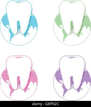 Isolated white tooth vector logo set. Round shape. Tooth hygiene logotype collection on the white background. Dental implants icons group. Caries treatment sign. Stock Vector