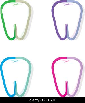 Isolated colorful tooth contour vector logo set. Tooth hygiene logotype collection on the white background. Dental implants icons group. Caries treatment sign. Stock Vector