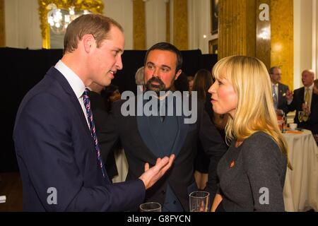 The Duke of Cambridge (left) talks to Evgeny Lebedev (centre) and Centrepoint Ambassador Sara Cox at the launch of the Centrepoint Awards at the HSBC private bank in London. Stock Photo