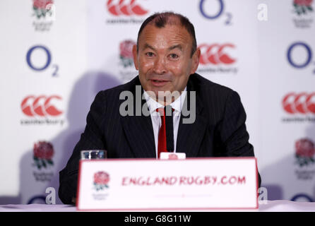 Newly confirmed England coach Eddie Jones speaks to the media during a press conference at Twickenham Stadium, London. Stock Photo