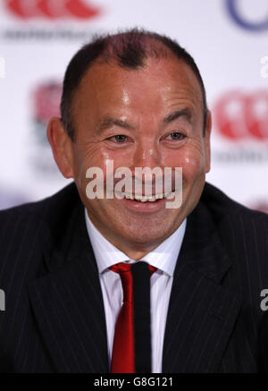 Newly confirmed England coach Eddie Jones speaks to the media during a press conference at Twickenham Stadium, London. Stock Photo