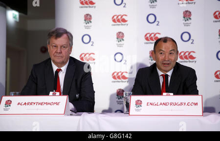 Newly confirmed England coach Eddie Jones (right) speaks to the media alongside RFU Chief Executive Ian Ritchie during a press conference at Twickenham Stadium, London. Stock Photo