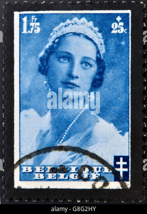 BELGIUM - CIRCA 1935: A stamp printed in Belgium shows Queen Astrid, circa 1935 Stock Photo
