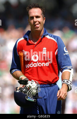 England captain Michael Vaughan heads for the pavillion after being run out for 15 runs. Stock Photo