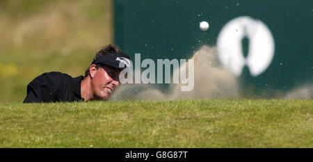 Golf - The Open Golf Championship - St Andrews. USA's Phil Mickelson plays out of a bunker on the seventeenth hole during practice. Stock Photo