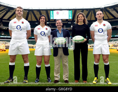 (left to right) England's Joe Launchbury, England Women's Captain Sarah Hunter, CEO of Old Mutual Wealth Paul Feeney, RFU's Sophie Goldschmidt and England's Mike Brown during the launch of the 2016 Old Mutual Wealth Series at Twickenham Stadium, London. Stock Photo