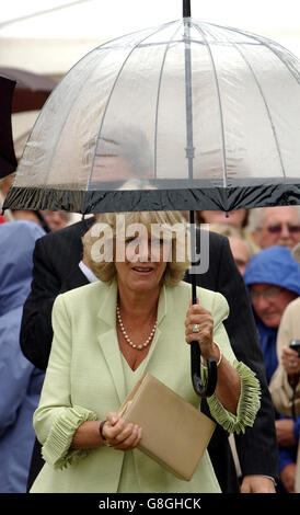 The Duchess of Cornwall uses a see through umberella as she tours the Sandringham flower show. Stock Photo