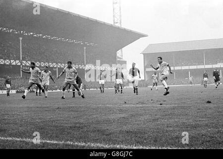 Soccer - World Cup England 1966 - Group Three - Brazil v Hungary - Goodison Park. Brazil's Tostao (r) scores his team's equalizing goal, watched by teammates Alcindo (l) and Jairzinho (third l) Stock Photo
