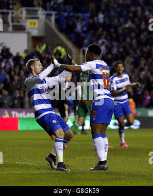 Reading v Brentford - Sky Bet Championship - Madejski Stadium. Reading's Garath McCleary celebrates scoring his side's first goal of the game with Matej Vydra (left) Stock Photo