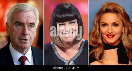 File photos of (from the left) John McDonnell, Dawn French and Madonna. Stock Photo