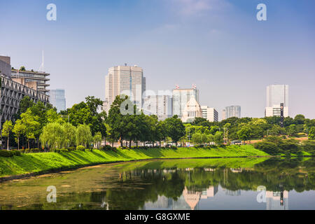 Tokyo, Japan cityscape on the Imperial Moat with the National Diet Building. Stock Photo