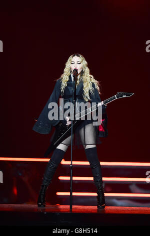 Madonna performing on stage during her Rebel Heart tour at the O2 Arena ...