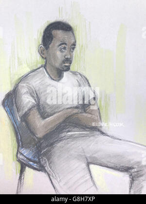 Court artist sketch by Elizabeth Cook of Muhaydin Mire appearing at Westminster Magistrates' Court, London, he has been charged with the attempted murder of a 56-year-old man.