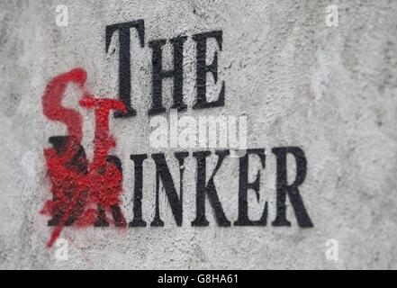 Banksy's sculpture 'The Drinker' has been returned as 'The Stinker' to Shaftesbury Avenue in London 'with some notable amendments' a decade after being removed. Stock Photo