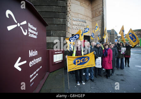 Members of staff at the National Museum of Scotland in Edinburgh strike for a second day to support the Public and Commercial Services (PCS) union in a bid to get museum management to reintroduce weekend working allowances for all its staff. Stock Photo