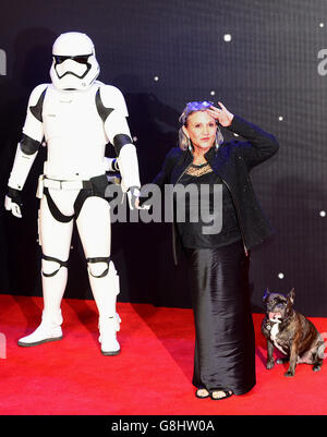 Carrie Fisher attending the Star Wars: The Force Awakens European Premiere held in Leicester Square, London. Stock Photo