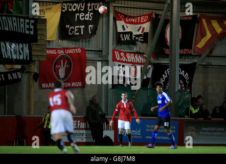 Soccer - Emirates FA Cup - First Round - FC United of Manchester v Chesterfield - Broadhurst Park. A general view of banners in the stands Stock Photo