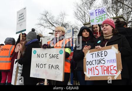 Junior doctors on the picket line outside Sandwell General Hospital in West Bromwich as a doctors go on strike for 24 hours in a dispute with the government over new contracts. Stock Photo