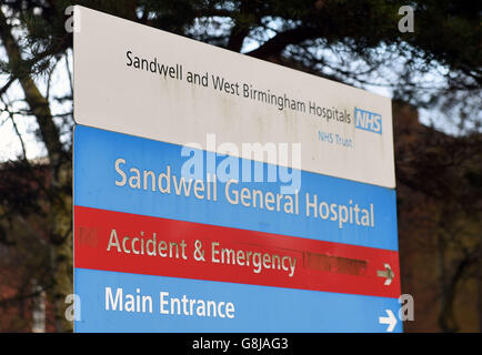 A view of the sign outside Sandwell General Hospital in West Bromwich as doctors go on strike for 24 hours in a dispute with the government over new contracts. Stock Photo