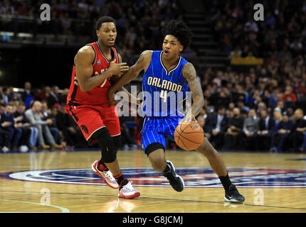 Orlando Magic's Elfrid Payton (right) and Toronto Raptors' Kyle Lowry during the NBA Global Games match at the O2 Arena, London. Stock Photo