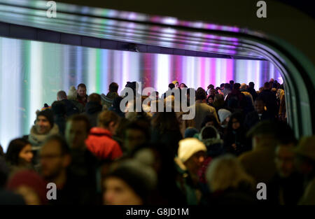 Members of the public view Pepette by Allies and Morrison / Speirs + Major at King's Cross Tunnel in London, as part of the Lumiere London light festival. Stock Photo