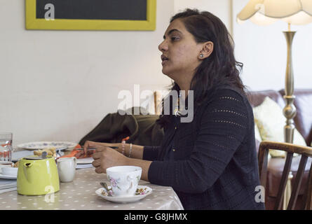Konika Dhar, the sister of jihadi Abu Rumaysah speaking to members of the media in north London, where she said that she will 'kill him myself' if he is confirmed as the masked Briton in a new Islamic State video in which five hostages are executed. Stock Photo