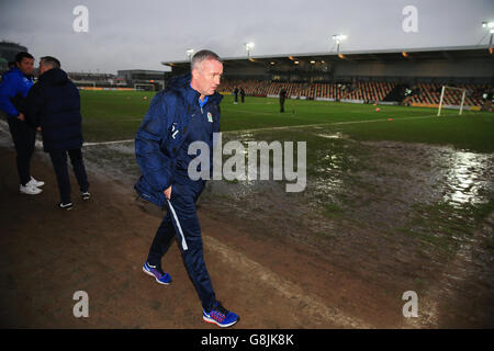 Blackburn Rovers manager Paul Lambert after referee Charles Breakspear calls the match off due to waterlogged pitch, during the Emirates FA Cup, third round game at Rodney Parade, Newport. Stock Photo