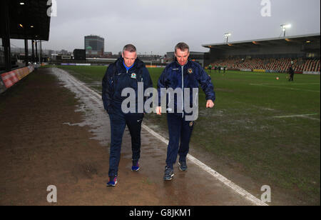 Blackburn Rovers Manager Paul Lambert with Newport County Manager John Sheridan (right) after referee Charles Breakspear had called the match off due to waterlogged pitch, during the Emirates FA Cup, third round game at Rodney Parade, Newport. Stock Photo