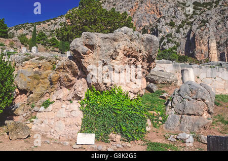 Rock of the Sybil below the Temple of Apollo, Archaeological Site of Delphi Greece, Stock Photo