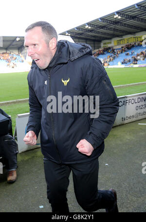 Oxford United manager Michael Appleton celebrates at the final whistle during the Emirates FA Cup, third round match at the Kassam Stadium, Oxford. Stock Photo