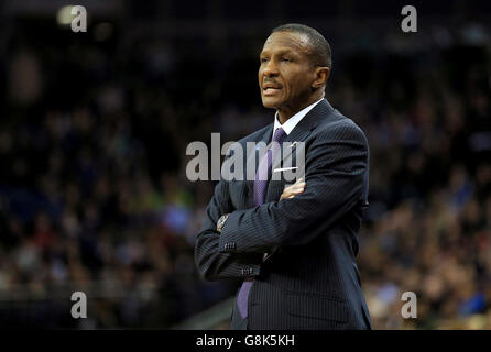 Orlando Magic v Toronto Raptors - NBA Global Games - O2 Arena. Toronto Raptors head coach Dwane Casey during the NBA Global Games match at the O2 Arena, London. Stock Photo