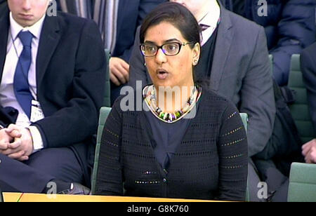 Konika Dhar, the sister Abu Rumaysah, gives evidence to the Home Affairs Committee in Portcullis House, London. Stock Photo