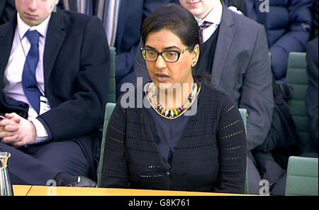 Konika Dhar, the sister Abu Rumaysah, gives evidence to the Home Affairs Committee in Portcullis House, London. Stock Photo