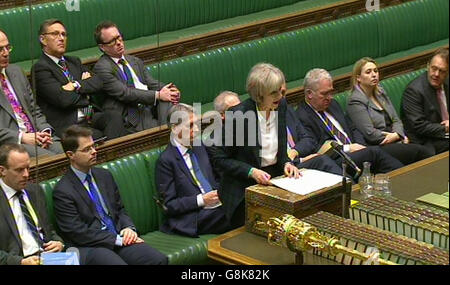 Home Secretary Theresa May speaks in the House of Commons, London, after a public inquiry found that President Vladimir Putin 'probably' approved the assassination of Russian dissident Alexander Litvinenko in London in 2006. Stock Photo