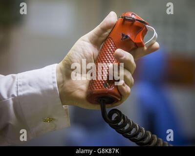 The Weapons Engineer Officers Tactical Trigger, that would be used in the final stage of a nuclear missile launch, on board Vanguard-class submarine HMS Vigilant, one of the UK's four nuclear warhead-carrying submarines, at HM Naval Base Clyde, also known as Faslane, ahead of a visit by Defence Secretary Michael Fallon. Stock Photo