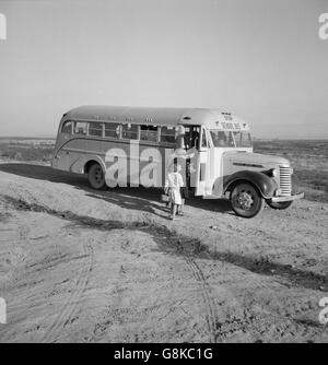 Children Getting on School Bus, Dead Ox Flat, Malheur County, Oregon, USA, Dorothea Lange for Farm Security Administration, October 1939 Stock Photo