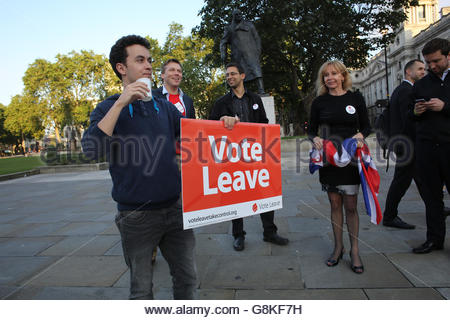 Westminster, London. Vote Leave campaigners celebrate victory on the morning of the result. Stock Photo