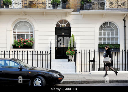 A general view of 46 Lower Belgrave Street, central London, the former family home of Lord Lucan, as George Bingham, the only son of the missing peer, was granted a death certificate for his father at the High Court in central London. Stock Photo