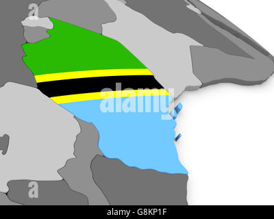 Map of Tanzania with embedded flag on planet surface. 3D illustration ...