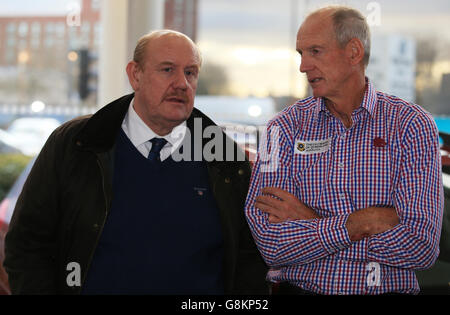 Chairman of the Rugby Football League Brian Barwick (left) talks with New England and current Brisbane Broncos Rugby League coach Wayne Bennett during the launch of the 2016 Dacia World Club Series at Renault Manchester. Stock Photo