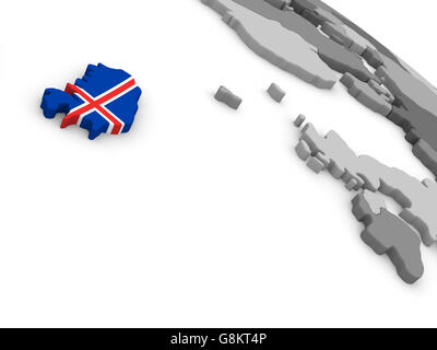 Iceland with embedded national flag on blue political 3D globe. 3D ...