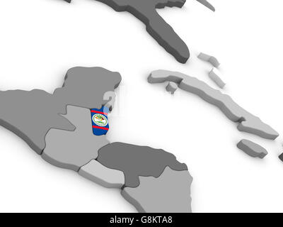 A 3D rendering of Belize Map with flag shaded relief on gray background ...