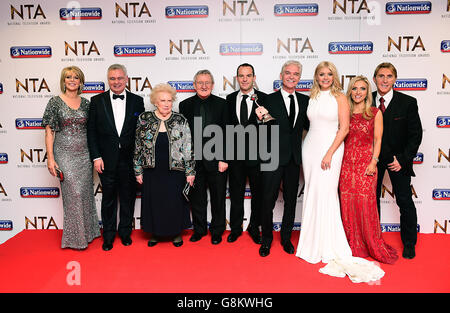 (Left to Right) Ruth Langsford, Eamonn Holmes, Denise Robertson, Dr Chris Steele, Martin Lewis, Phillip Schofield, Holly Willoughby, Eva Speakman and Nik Speakman from This Morning with the award for Best Magazine Show in the pressroom at the National Television Awards 2016 held at The O2 Arena in London. PRESS ASSOCIATION Photo. Picture date: Wednesday January 20, 2016. Photo credit should read: Ian West/PA Wire Stock Photo