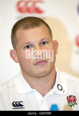 England Press Conference - Pennyhill Park. England captain Dylan Hartley during a press conference at Pennyhill Park, Bagshot. Stock Photo