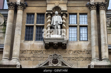 The statue of Cecil Rhodes on the front of Oriel College in Oxford, as furious campaigners have vowed to fight the 'outrageous' decision to keep the statue of the British colonialist on the front of the Oxford University college. Stock Photo