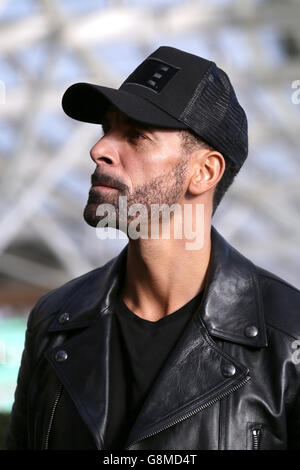 Rio Ferdinand, Founder and Trustee of the Rio Ferdinand Foundation speaks with young people during a visit to one of the Foundation's training and youth programmes at the Kia Oval, London. Stock Photo