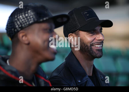 Rio Ferdinand, Founder and Trustee of the Rio Ferdinand Foundation speaks with young people during a visit to one of the Foundation's training and youth programmes at the Kia Oval, London. Stock Photo