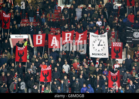 Manchester United v Stoke City - Barclays Premier League - Old Trafford. Manchester United fans hold up banners in the stands in memory of the Munich Air Disaster Stock Photo