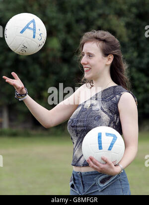 Keen footballer Rachael Grandey, 16 celebrates after notching up 15 A*s and 2 A grades in her GCSE results at Acklam Grange School, Teeside. The 16-year-old managed A*s in English language, media studies, maths, statistics, biology, chemistry, physics, French, German, physical education, religious studies, history, music and art (two A*s with one for a vocational course). Apart from studying, Rachel, the school's head girl, is involved in a variety of activities from the school's football team to playing the violin and rock guitar, peer mentoring groups, rock climbing and canoeing. She is Stock Photo